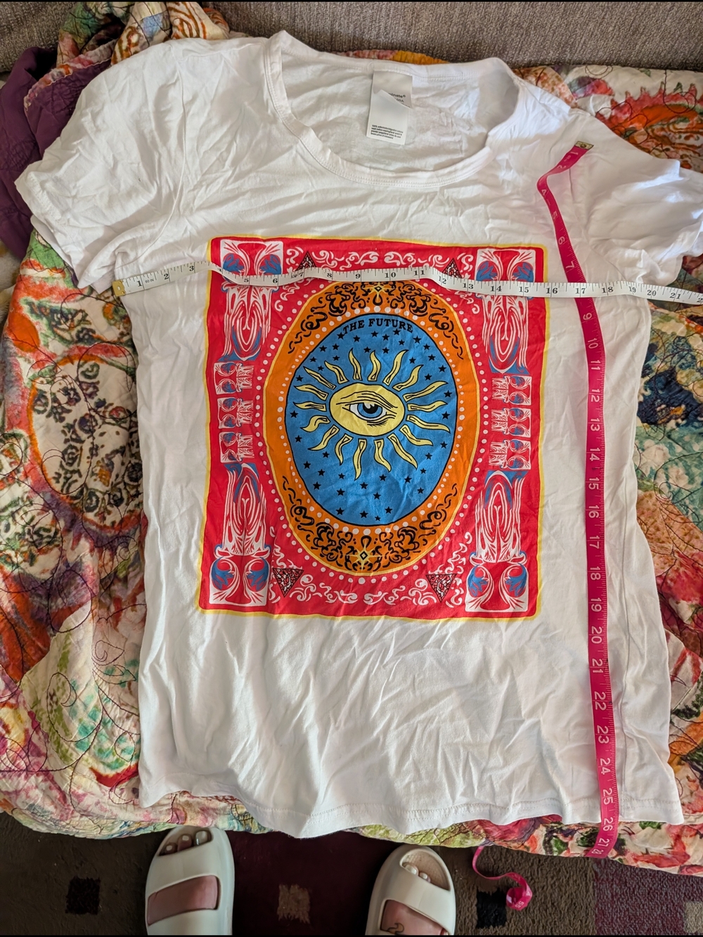 White Graphic Short Sleeve Tee with Sun Eye Motif